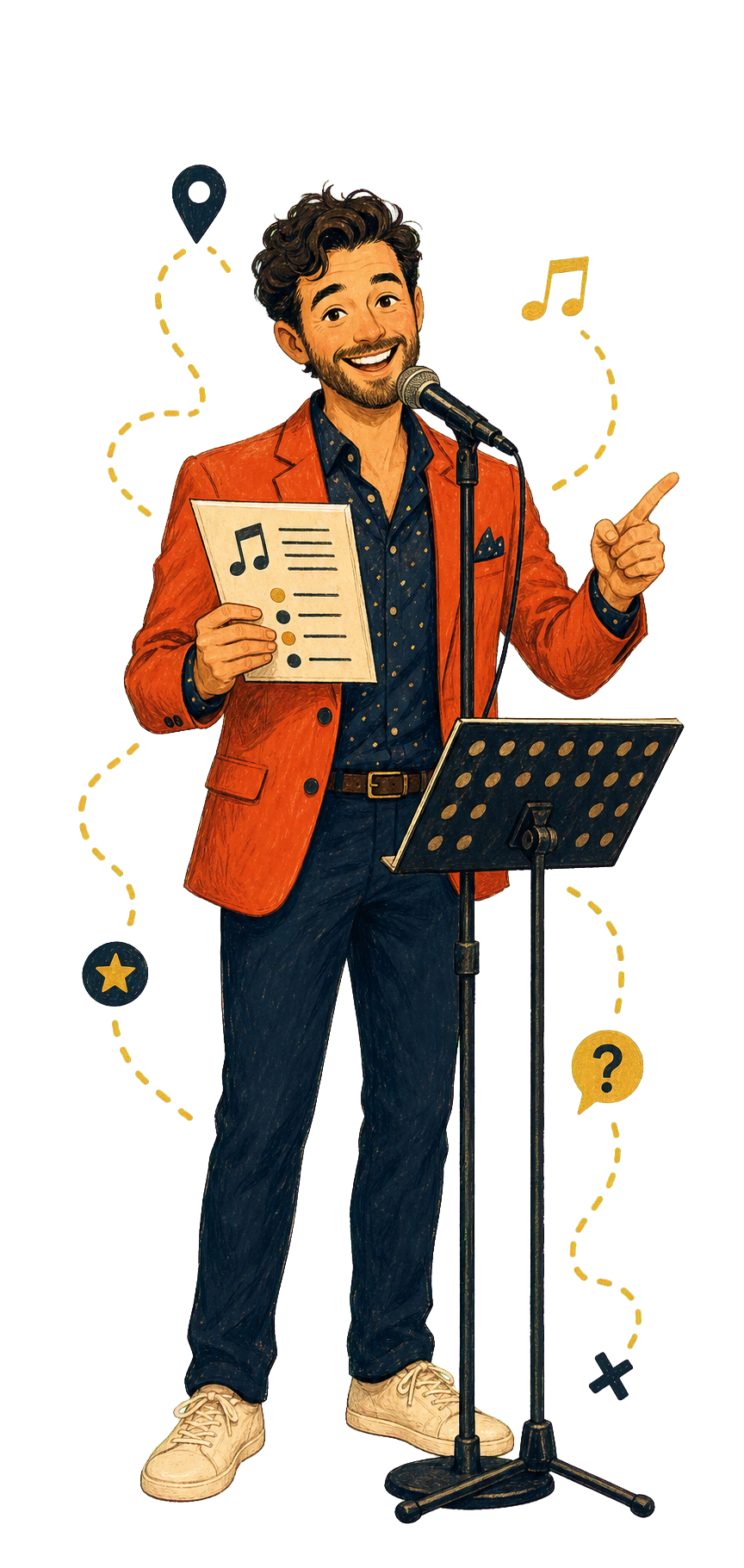 Illustration of a local karaoke and trivia host at a microphone
