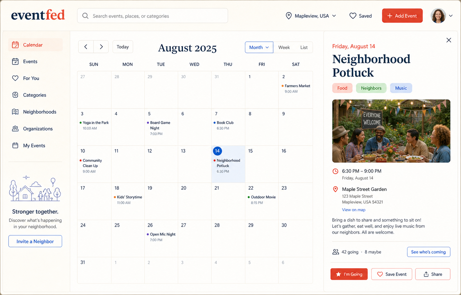 Eventfed month calendar concept showing local gatherings