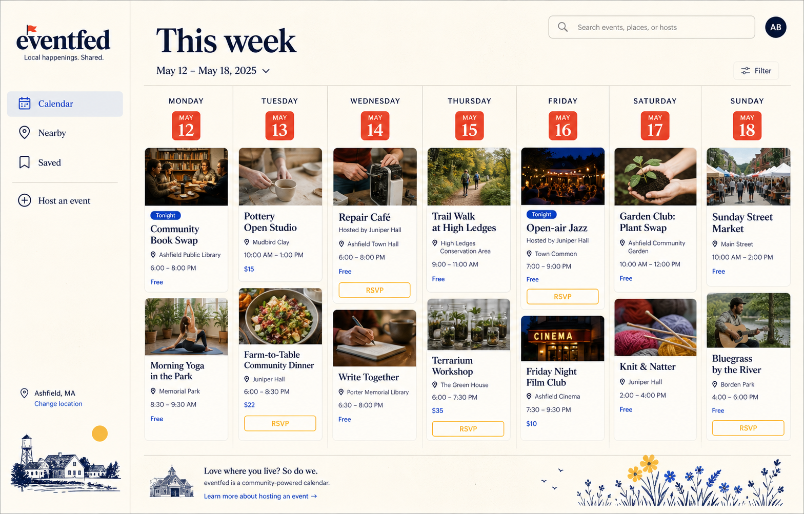 Eventfed weekly agenda concept showing nearby events